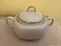 Top-side view showing overall shape, side handles and lid