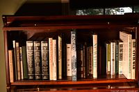 Wide view of top shelf showing entire group of books