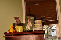 Overall view showing illuminated bunny, nesting boxes, rubber ducks and bucket