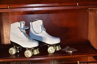 Pair of powder blue quad roller skates with bagged key and parts