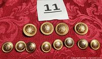 Set of 12 gold-tone crest buttons shown front side grouped by size