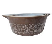 Largest Pyrex Woodland casserole, brown exterior with white floral design