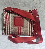Front view of striped nylon crossbody bag with red strap