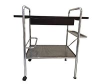 Side view showing overall structure, top shelf, drawer, lower perforated shelf, chrome frame