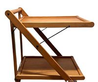 Side view showing two wooden tiers, angled folding frame and tension rod