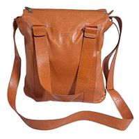 Front view showing handles, shoulder strap, zipper closure, brand stamp