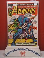 Front cover of Avengers #107 in plastic sleeve on display stand
