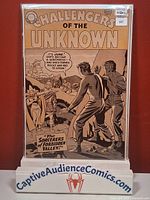 Front cover of Challengers of the Unknown #6 comic in protective sleeve on display stand