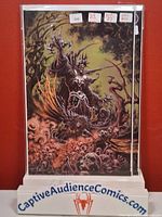 Front view of bagged and boarded Dark Nights: Death Metal #6 virgin variant comic on display stand