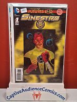 Front view of bagged Futures End: Sinestro #1 lenticular comic on display stand