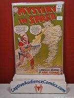 Front cover of Mystery in Space #84 comic book, bagged and boarded, displayed on stand