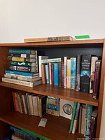 Full bookshelf showing multiple books in lot