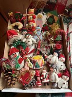 Tray containing assorted vintage Christmas ornaments made of felt, fabric, wood and pine cones