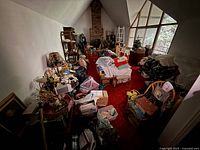 Wide view showing majority of room contents including furniture, boxes, and décor