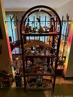 Full view of rattan shelf with all contents