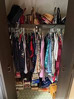 Closet view showing garments on hangers, handbags on shelf, shoe boxes on floor