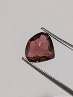 Trillion-cut pinkish-brown tourmaline held by tweezers