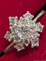 Top view showing cluster of clear stones on silver ring