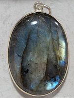 Front view of oval labradorite pendant in silver bezel