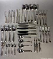 All 44 pieces laid out: knives, forks, spoons, ladles