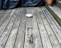 Full view of tall clear tube bird feeder on wood deck