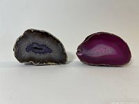 Front view of both geode slices showing colors and size