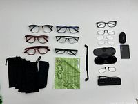 Overview of all glasses, pouches, instruction sheet