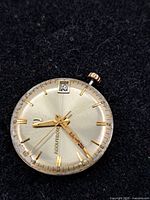 Front view of dial showing hands, markers and date