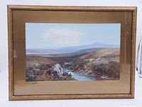 Full view of framed gouache landscape painting