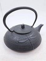 Overall view of KAFUH cast iron teapot showing dragonfly motif, handle and lid