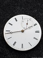 Front view of pocket watch dial showing hands, Roman numerals and subsidiary seconds