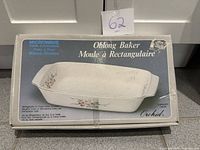 Front of boxed Orchid oblong baker dish, showing product image and capacity