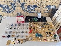 Full view of trays with earrings, brooch and necklaces