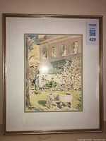 Full view of framed watercolour under glass