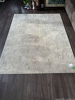 Full view of beige HomeTrends rug on dark floor