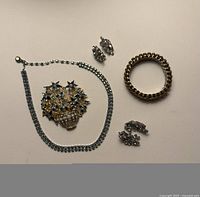 All items laid out: necklace, brooch, bracelet, two pairs earrings