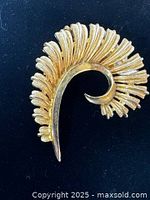 Front view of brooch showing feather design