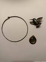 Choker, pendant, hummingbird brooch laid flat