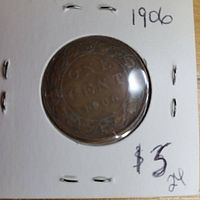 Reverse of 1906 Canadian large cent in 2x2 holder showing ONE CENT and date