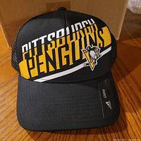 Front view of Pittsburgh Penguins Adidas meshback cap showing graphics and brim sticker