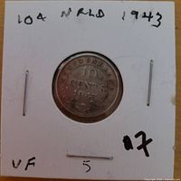 Reverse of 1943 Newfoundland 10 cent coin showing denomination and date