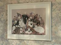 Full view of framed rabbit print on wall