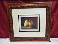 Full view of framed Janice Mady Pear Duet print with mat and carved wood frame