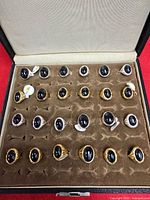 Open case showing 25 mood rings in fitted velvet insert