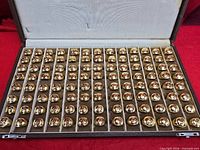 Open case showing rows of gold-tone Om rings