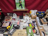 Overall view of mixed items on table