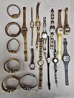 Overall view of all vintage wristwatches laid out