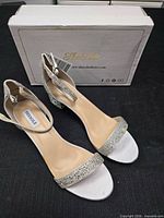 Top view of the pair of rhinestone sandals in front of original box