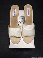 Top view of pair on box showing clear straps, labels, and footbeds