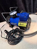 Blue and black Certified 12V portable air compressor with gauge, hose and 12V plug